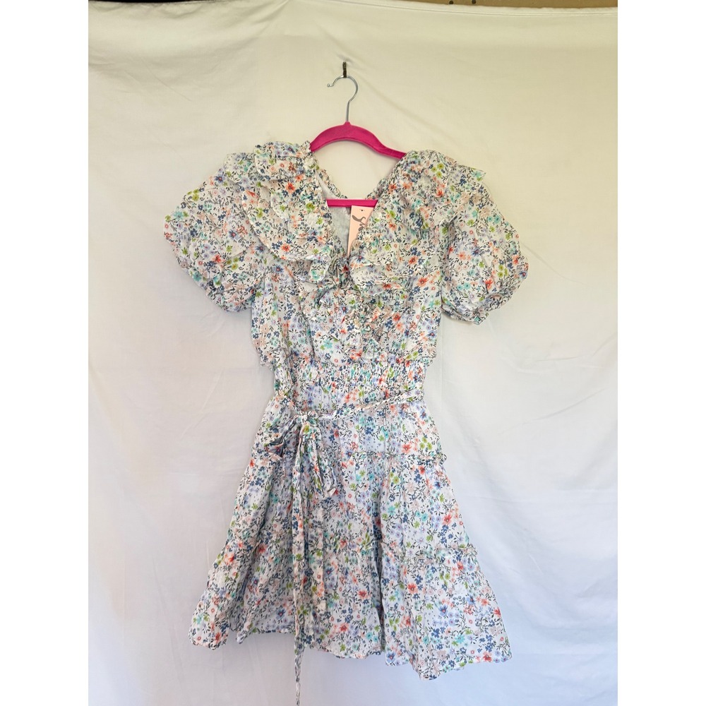 Karlie Floral Ruffle Mini Dress White Ditsy Puff Sleeve Smocked Waist Large NEW